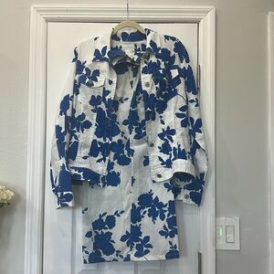 Cynthia Rowley set Blue and White Floral Jean Jacket with matching pants